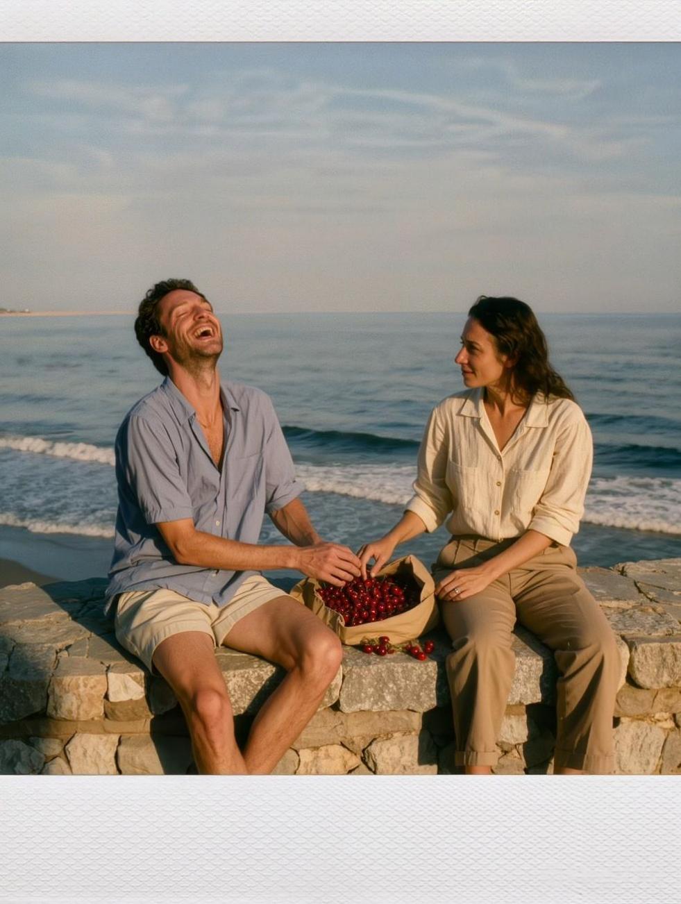 AI Polaroid photo of two adult friends by the sea